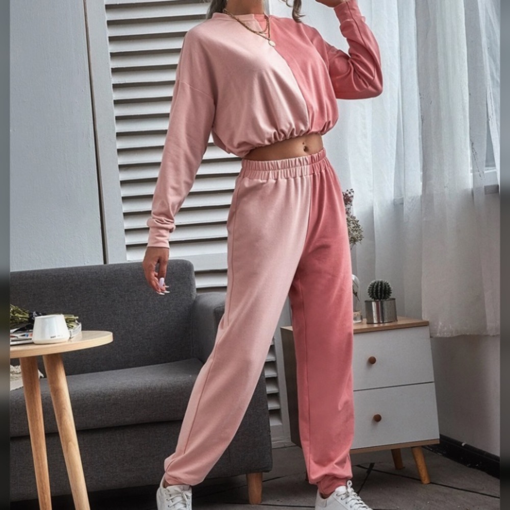 Drop Shoulder Spliced Sweatsuit. Pink. Size L